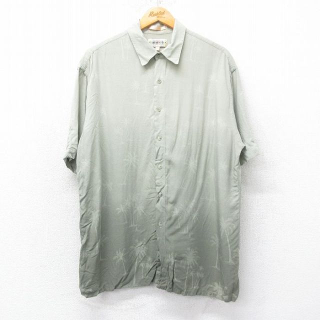 L★古着 半袖 ハワイアン シャツ メンズ 00年代 00s ヤシの木 レーヨン 緑系 グリーン 25jun26 中古 アロハ トップス