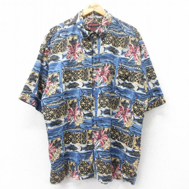 【50%OFF】XL★古着 半袖 ハワイアン シャツ メンズ ハイビスカス 魚 大きいサイズ コットン 紺他 ネイビー 25jun26 中古 アロハ トップス