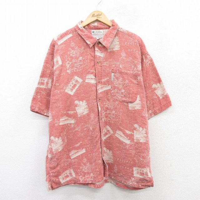 XL★古着 コロンビア COLUMBIA 半袖 ハワイアン シャツ メンズ ヤシの木 大きいサイズ コットン エンジ系他 【spe】 25jun26 中古 アロハ トップス