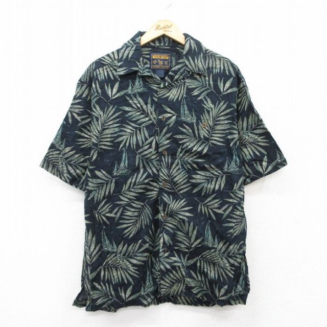 L★古着 ウールリッチ WOOLRICH 半袖 ハワイアン シャツ メンズ 葉 コットン 開襟 オープンカラー 黒他 ブラック 25jun26 中古 アロハ トップス