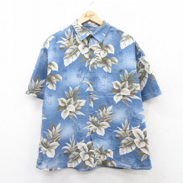 XL★古着 半袖 ハワイアン シャツ メンズ ヤシの木 大きいサイズ コットン 紺他 ネイビー 25jun26 中古 アロハ トップス