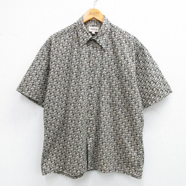 XL★古着 半袖 ハワイアン シャツ メンズ 00年代 00s ヤシの木 パイナップル コットン 黒他 ブラック 25jun26 中古 アロハ トップス