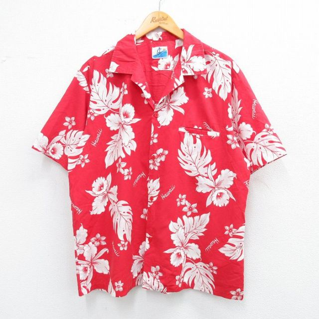 XL★古着 半袖 ハワイアン シャツ メンズ 90年代 90s ハイビスカス 開襟 オープンカラー 赤他 レッド 25jun26 中古 アロハ トップス