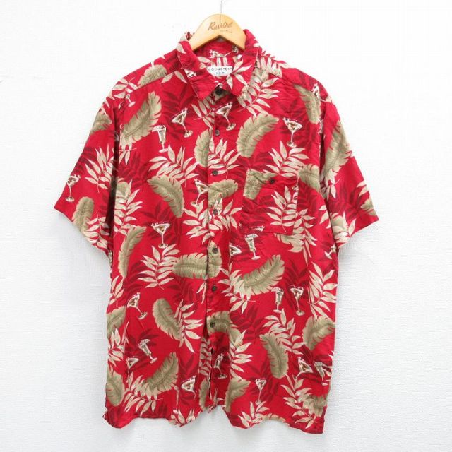 XL★古着 半袖 ハワイアン シャツ メンズ カクテル 葉 大きいサイズ レーヨン 赤他 レッド 25jun26 中古 アロハ トップス