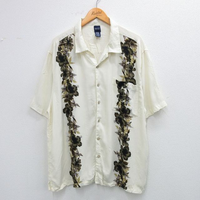 XL★古着 ベーシックエディションズ 半袖 ハワイアン シャツ メンズ ハイビスカス 大きいサイズレーヨン 開襟 オープンカラー 生成り 25jun26 中古 アロハ トップス