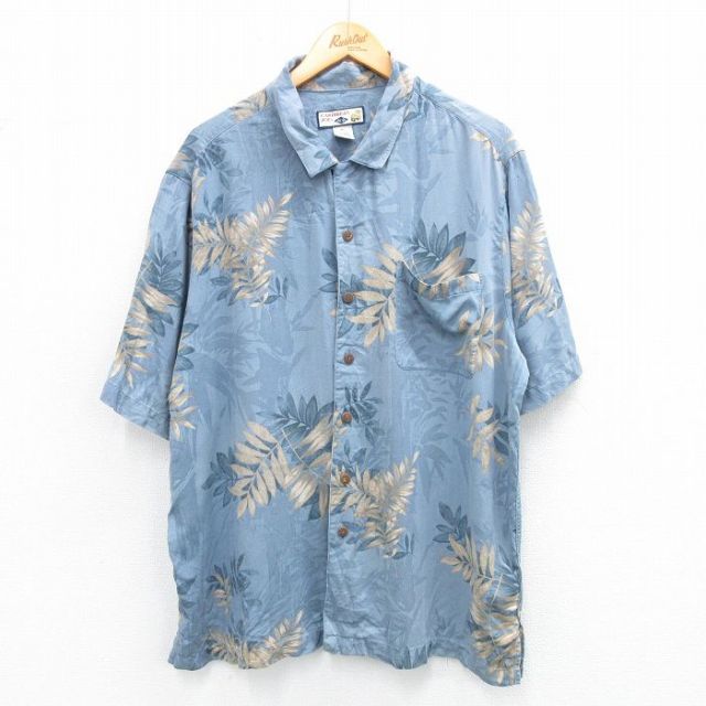 XL★古着 半袖 ハワイアン シャツ メンズ 葉 シルク 薄紺他 ネイビー 25jun26 中古 アロハ トップス