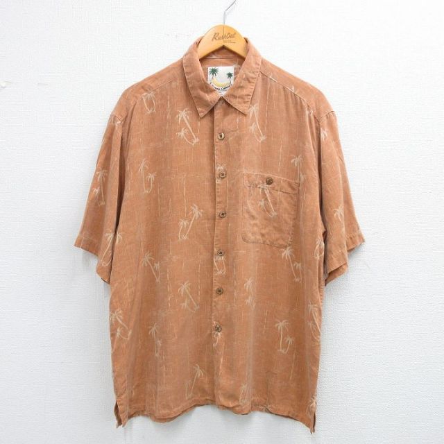 XL★古着 半袖 ハワイアン シャツ メンズ ヤシの木 シルク 茶系他 ブラウン 25jun26 中古 アロハ トップス