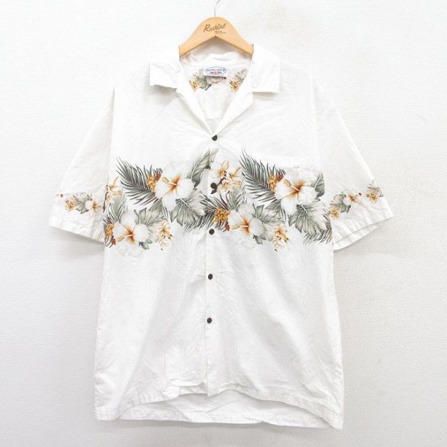XL★古着 半袖 ハワイアン シャツ メンズ 90年代 90s ハイビスカス ロング丈 コットン 開襟 オープンカラー ハワイ製 白他 ホワイト 25jul11 中古 アロハ トップス