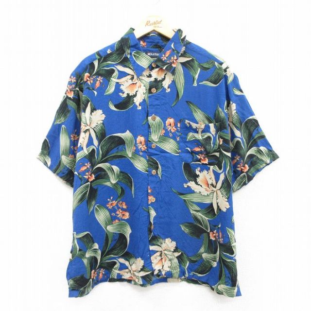 XL★古着 ピューリタン 半袖 ハワイアン シャツ メンズ 00年代 00s 花 総柄 大きいサイズ レーヨン 青他 ブルー 25jul11 中古 アロハ トップス