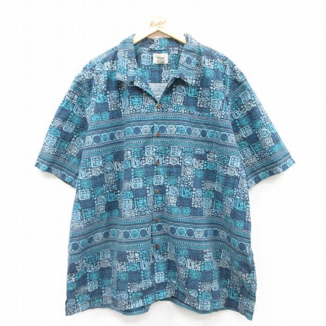 【50%OFF】XL★古着 エルエルビーン LLBEAN 半袖 ハワイアン シャツ メンズ 00年代 00s 総柄 大きいサイズ ロング丈 コットン 開襟 オープンカラー 紺他 ネイビー 【spe】 25jul11 中古 アロハ トップス