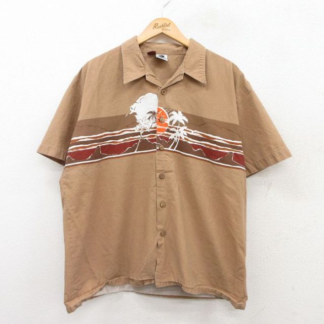 XL★古着 ケニントン 半袖 ハワイアン シャツ メンズ 00年代 00s ヤシの木 太陽 コットン 開襟 オープンカラー 茶他 ブラウン 25jul11 中古 アロハ トップス