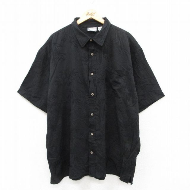 XL★古着 半袖 ハワイアン シャツ メンズ 00年代 00s 竹 総柄 大きいサイズ ロング丈 レーヨン 黒 ブラック 25jul11 中古 アロハ トップス