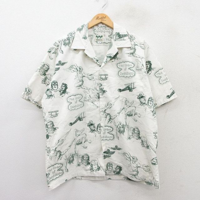 XL★古着 半袖 ハワイアン シャツ メンズ 90年代 90s 飛行機 天使 総柄 大きいサイズ 開襟 オープンカラー ハワイ製 白 ホワイト 25aug06 中古 アロハ トップス