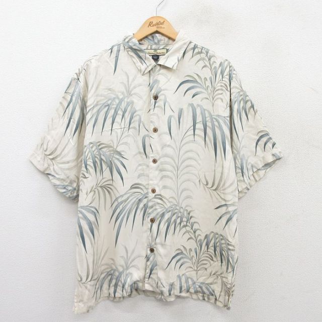 XL★古着 半袖 ハワイアン シャツ メンズ 葉 総柄 シルク 薄ベージュ他 カーキ 25aug06 中古 アロハ トップス