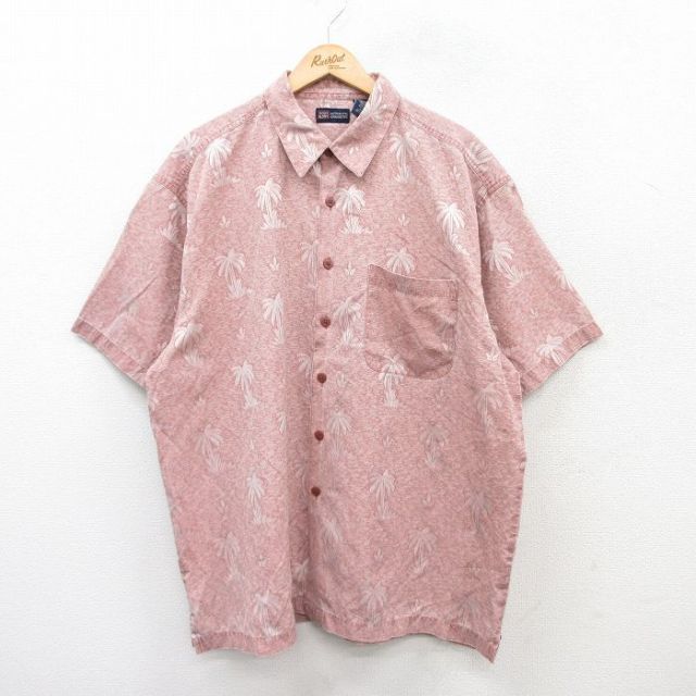 XL★古着 FADED GLORY 半袖 ハワイアン シャツ メンズ 00年代 00s ヤシの木 総柄 大きいサイズ ロング丈 エンジ系他 25aug06 中古 アロハ トップス