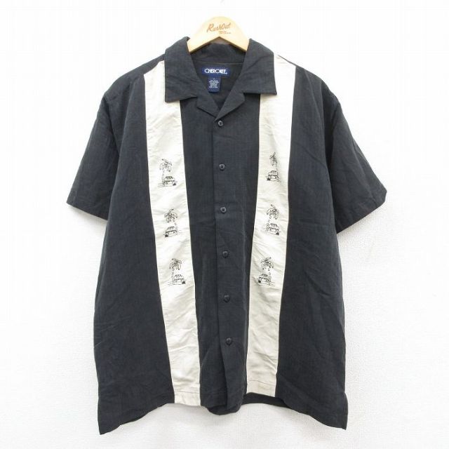 XL★古着 チェロキー 半袖 ハワイアン シャツ メンズ 00年代 00s ヤシの木 小屋 レーヨン 開襟 オープンカラー 黒他 ブラック 25aug06 中古 アロハ トップス