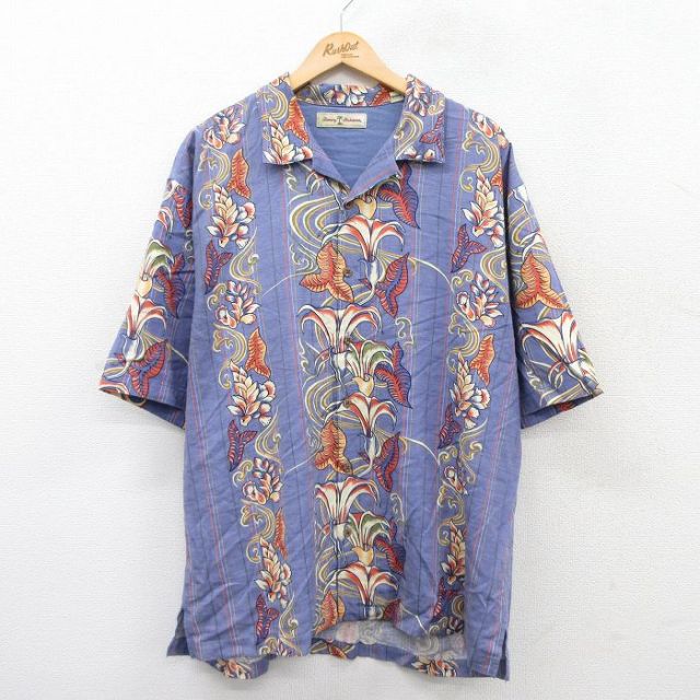 XL★古着 半袖 ハワイアン シャツ メンズ 花 ロング丈 シルク 開襟 オープンカラー 紫 パープル 25aug06 中古 アロハ トップス