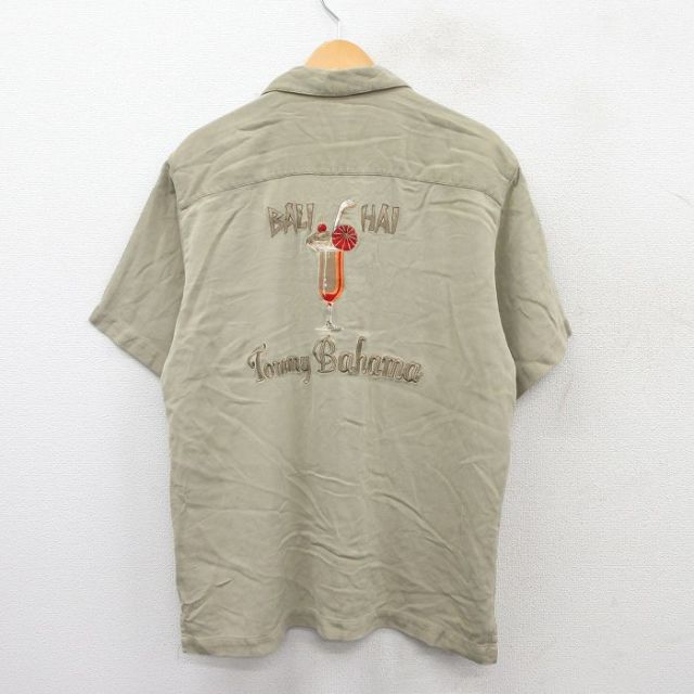M★古着 半袖 ハワイアン シャツ メンズ カクテル バハマ シルク ベージュ カーキ 【spe】 25aug06 中古 アロハ トップス