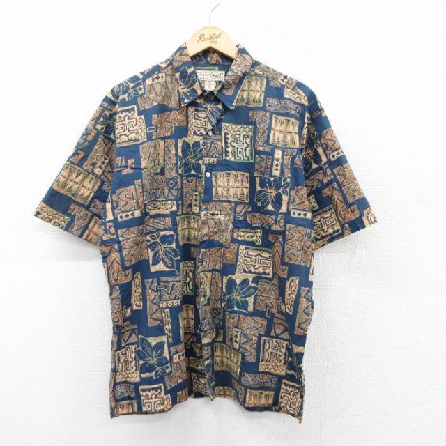 M★古着 半袖 ハワイアン シャツ メンズ ハイビスカス コットン USA製 濃紺他 ネイビー 25aug12 中古 アロハ トップス