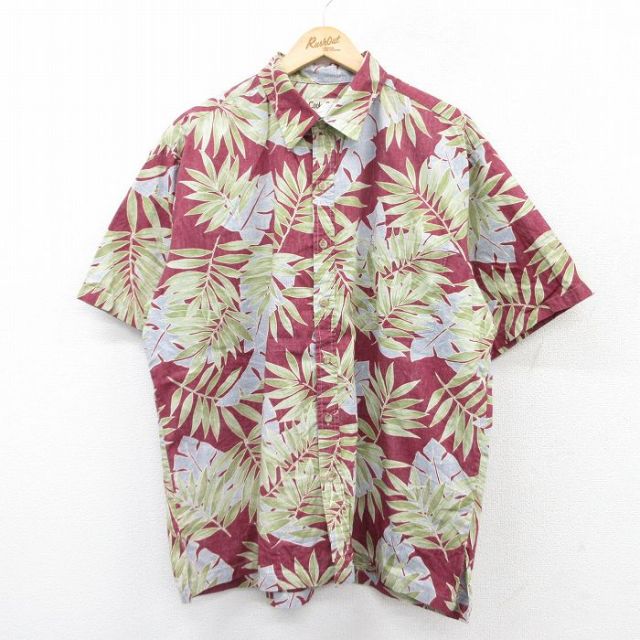 XL★古着 半袖 ハワイアン シャツ メンズ 90年代 90s 葉大きいサイズ コットン ハワイ製 エンジ 25aug12 中古 アロハ トップス