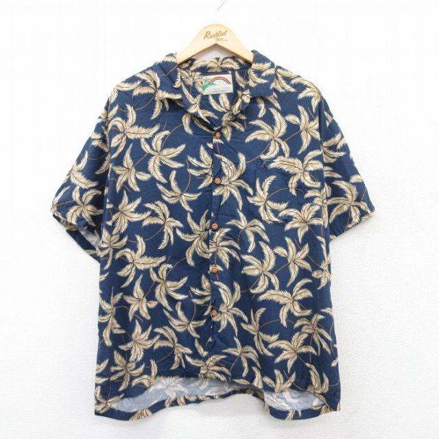 XL★古着 半袖 ハワイアン シャツ メンズ 90年代 90s ヤシの木 大きいサイズ 開襟 オープンカラー 紺 ネイビー 25aug12 中古 アロハ トップス