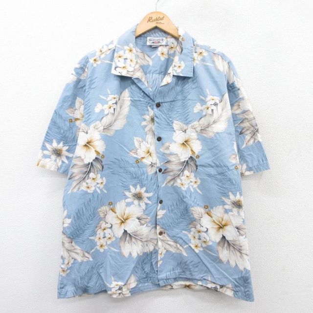 XL★古着 半袖 ハワイアン シャツ メンズ 90年代 90s ハイビスカス 大きいサイズ コットン 開襟 オープンカラー ハワイ製 薄紺 ネイビー 25aug12 中古 アロハ トップス