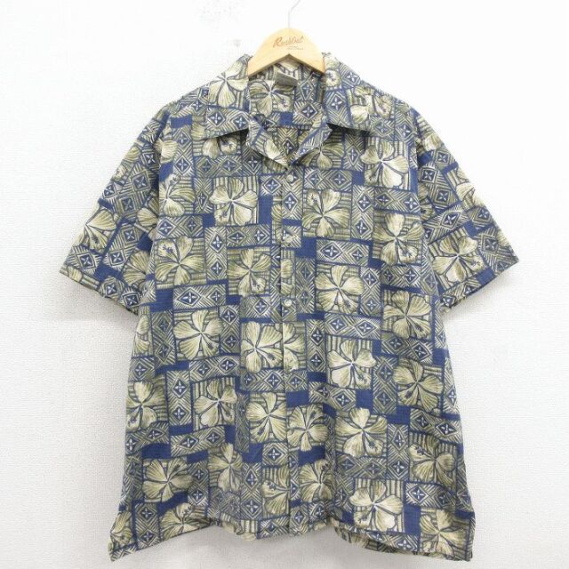 00s 半袖シャツ ハイビスカス ネイビー メンズXL相当 | 古着