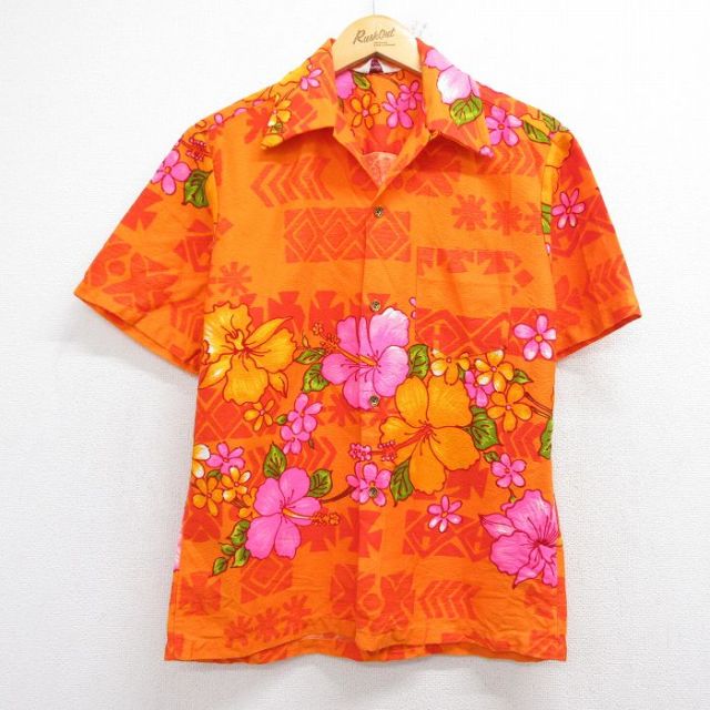 80s 半袖シャツ ハイビスカス オレンジ メンズM相当 | 古着