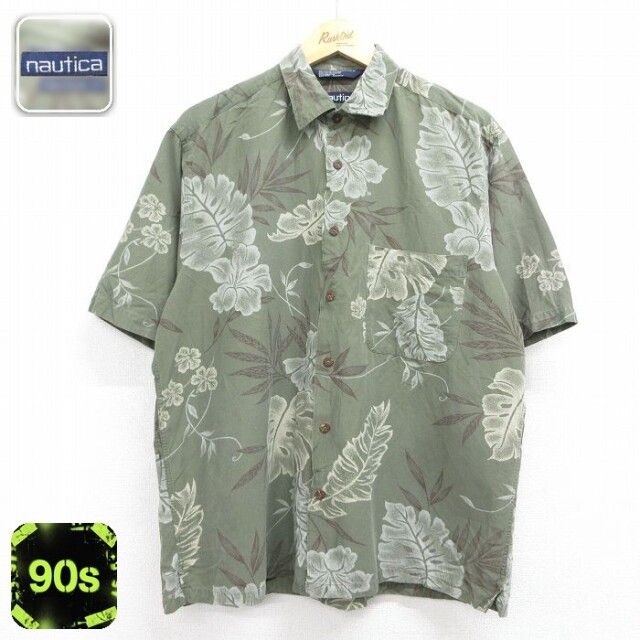 ノーティカ 90s 半袖シャツ 花 グリーン メンズXL相当 | 古着