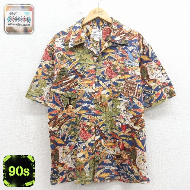 レインスプーナー 90s 半袖ハワイアンシャツ フラガール ネイビー メンズL相当 | 古着