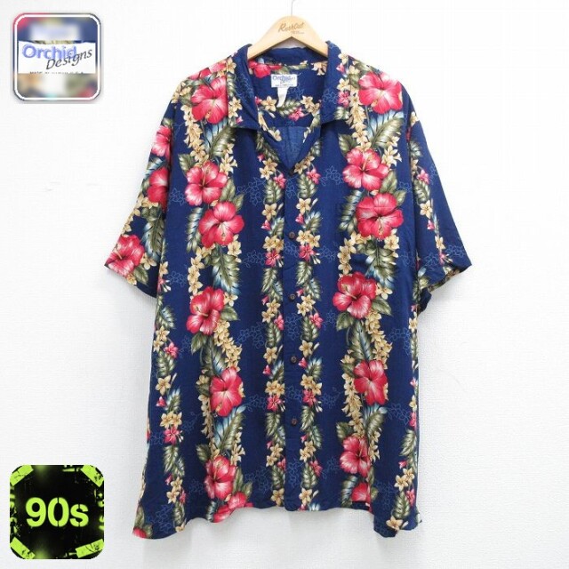 90s 半袖シャツ ハイビスカス ネイビー メンズXL相当 | 古着