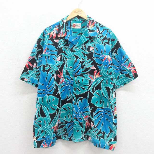 ヒロハッティ 00s 半袖ハワイアンシャツ 葉 ブルー XL | 古着