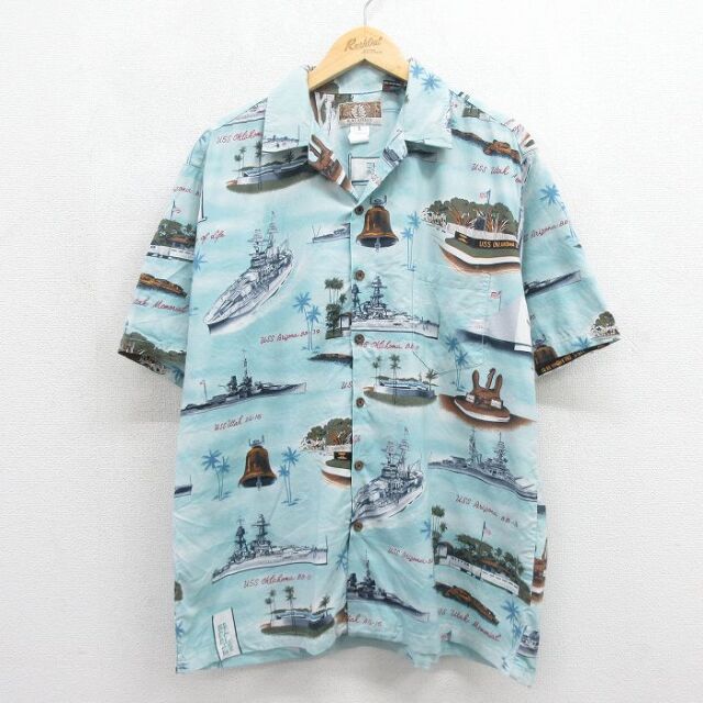 ハワイアン 90s 半袖シャツ 軍艦 ライトブルー メンズXL相当 | 古着