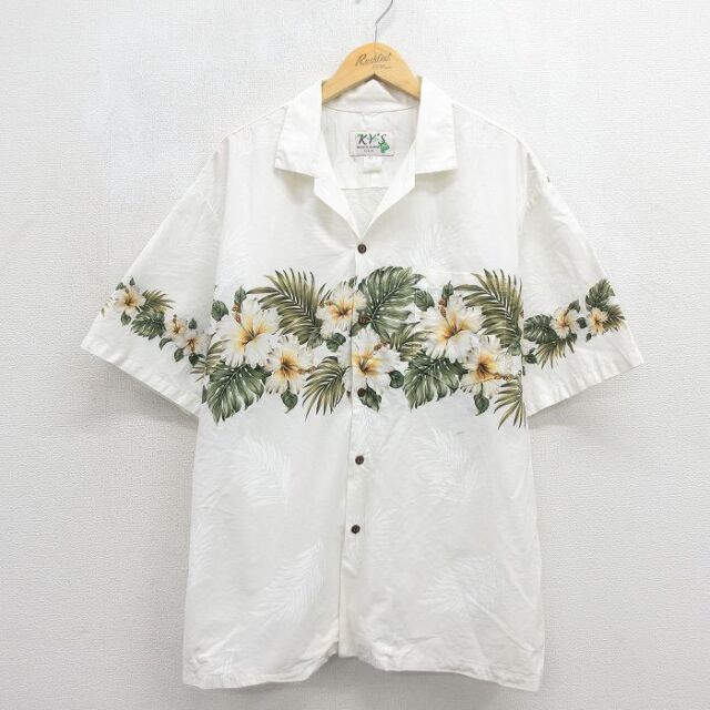 90s 半袖シャツ ハイビスカス ホワイト メンズXL相当 | 古着