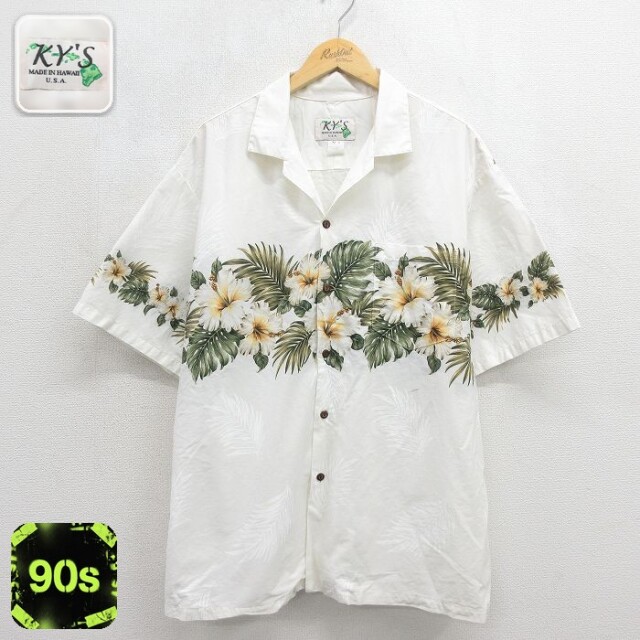 90s 半袖シャツ ハイビスカス ホワイト メンズXL相当 | 古着