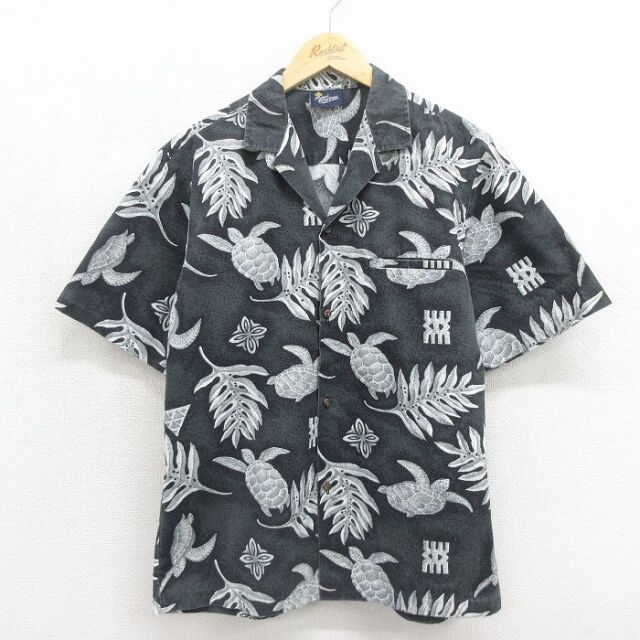 L★古着 半袖 ハワイアン シャツ メンズ 90年代 90s カメ 開襟 オープンカラー ハワイ製 ブラック 26jun09