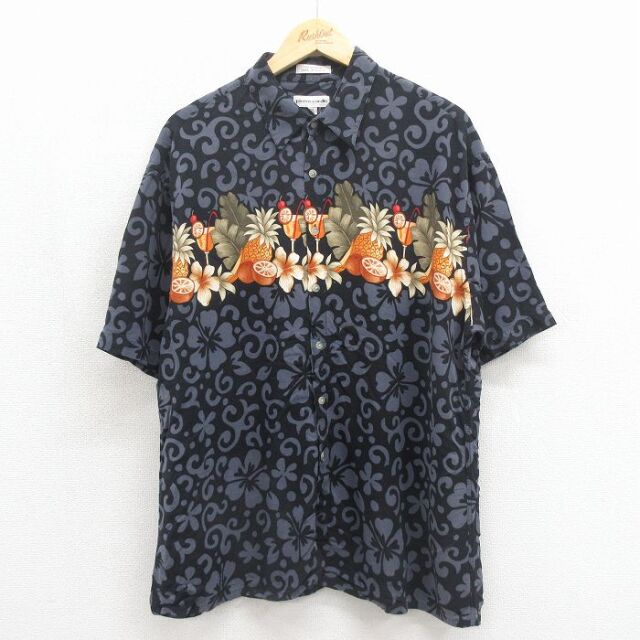 XL★古着 ピエールカルダン 半袖 ブランド ハワイアン シャツ メンズ パイナップル カクテルグラス レーヨン ブラック 26jun09