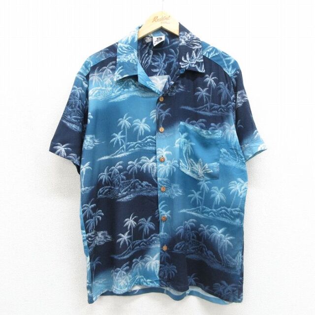 ケニントン 00s 半袖シャツ ヤシの木火山 ブルー メンズL相当 | 古着