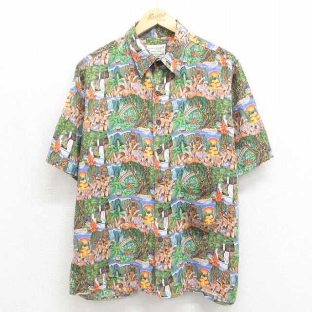 レインスプーナー 90s 半袖ハワイアンシャツ 民族 グリーン メンズXL相当 | 古着