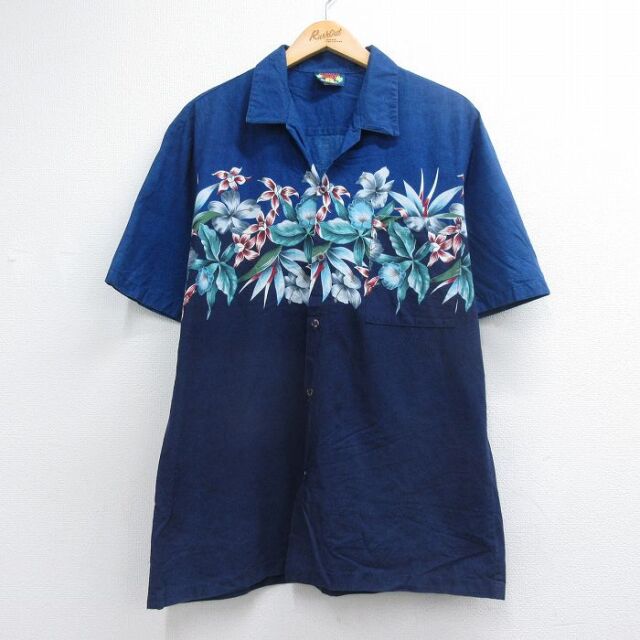 90s 半袖シャツ ハイビスカス ネイビー メンズL相当 | 古着