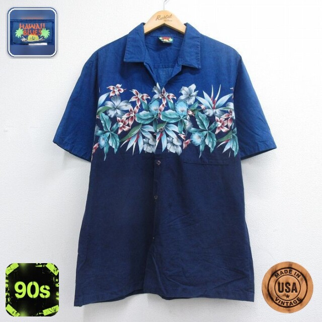 90s 半袖シャツ ハイビスカス ネイビー メンズL相当 | 古着