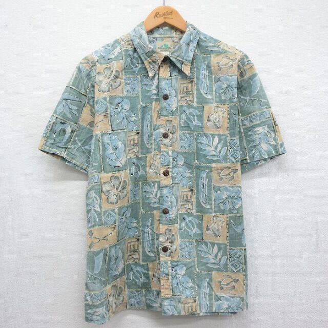 XL★古着 半袖 ハワイアン シャツ メンズ 90年代 90s ハイビスカス カメ コットン ハワイ製 カーキ 26jul03