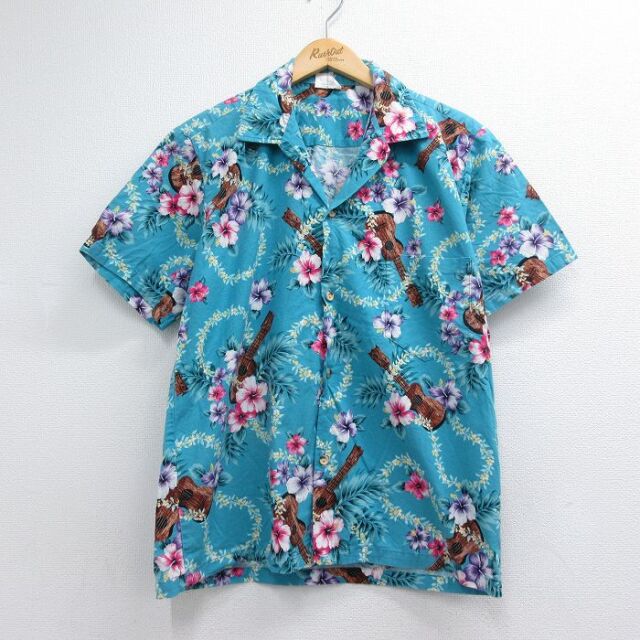 90s 半袖シャツ ハイビスカス ウクレレ ライトブルー メンズM相当 | 古着