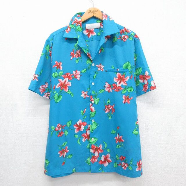 90s 半袖シャツ ハイビスカス ライトブルー メンズL相当 | 古着