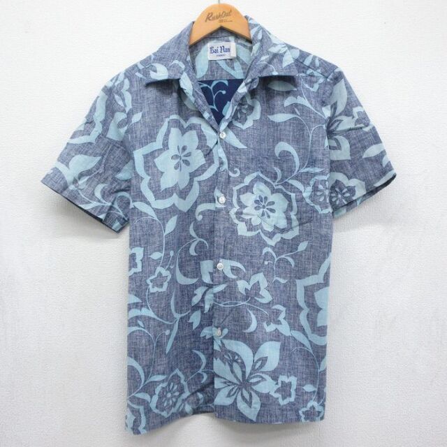 80s 半袖シャツ 花 ネイビー メンズM相当 | 古着