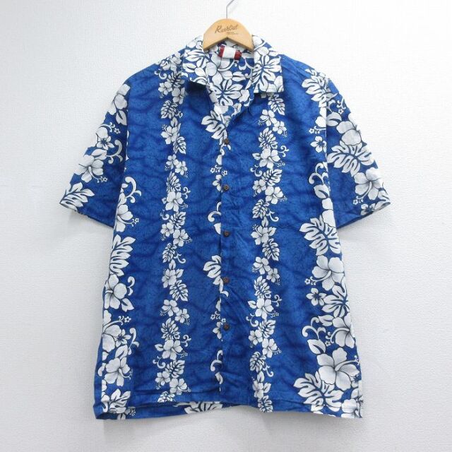 90s 半袖シャツ ハイビスカス ブルー メンズL相当 | 古着