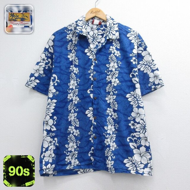 90s 半袖シャツ ハイビスカス ブルー メンズL相当 | 古着