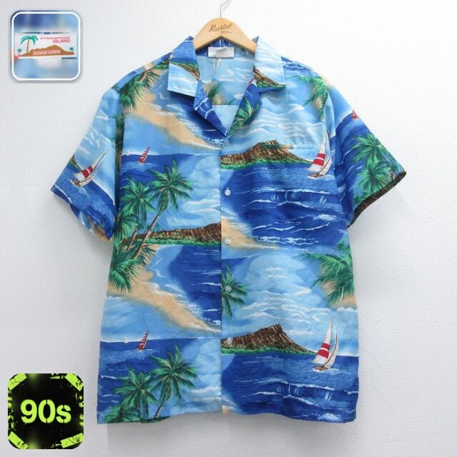 ハワイアン 90s 半袖シャツ ヤシの木ヨット ブルー メンズXL相当 | 古着