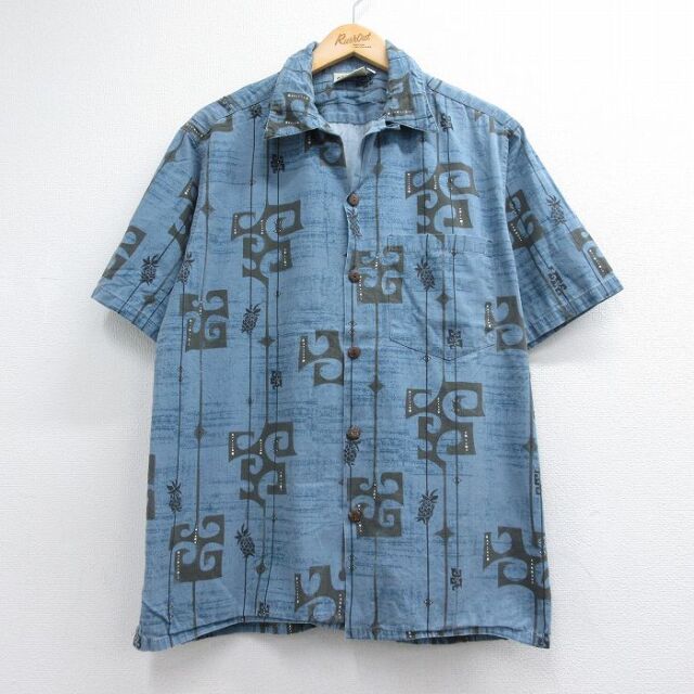 XL★古着 ロンジョン 半袖 ハワイアン シャツ メンズ 90年代 90s パイナップル コットン 開襟 オープンカラー USA製 ブルー【spe】 26jul07