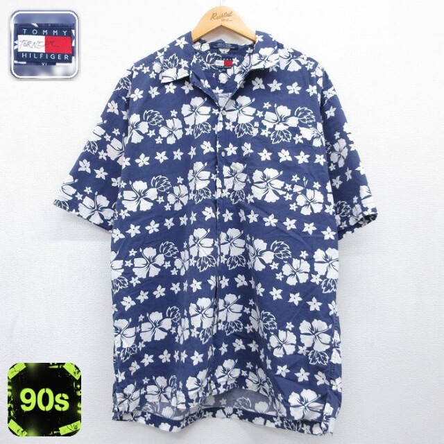 トミーヒルフィガー 90s 半袖シャツ 花柄 ネイビー メンズXL相当 | 古着